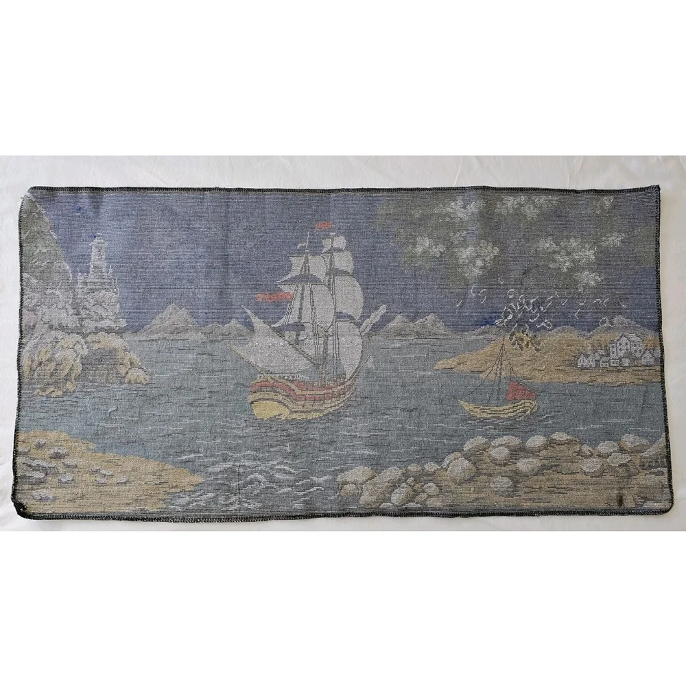 Vintage Tapestry Sailing Ship Barque Made In Italy Ramallah Trading New York